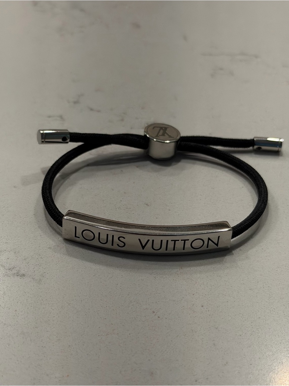 Louis Vuitton Silver-Tone Logo Bar Black Cord Bracelet
